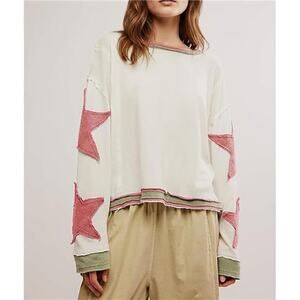 Oversized Cotton Pullover – Lightweight Long Sleeve Crewneck Shirt White & Pink